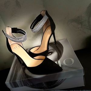 Black Suede Zipper closure with wrap around rhinestone ankle belt